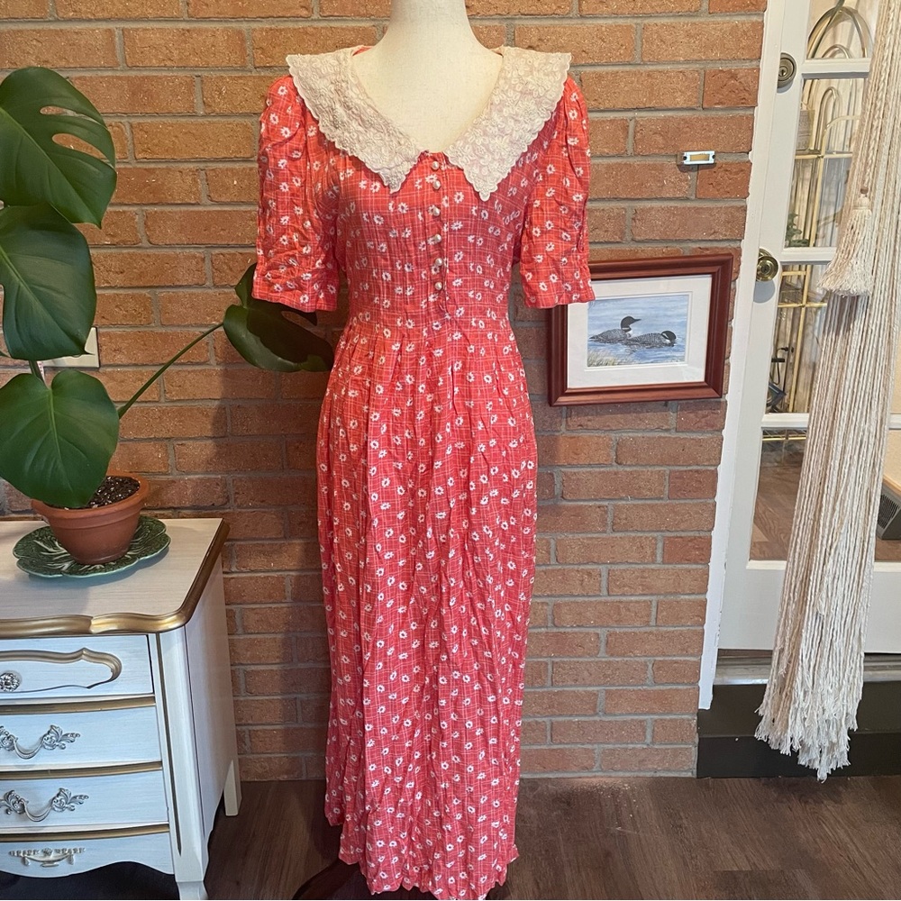 Vintage Sara Elizabeth Pink Floral Lace w/ Beaded Collar Maxi Dress Size 14